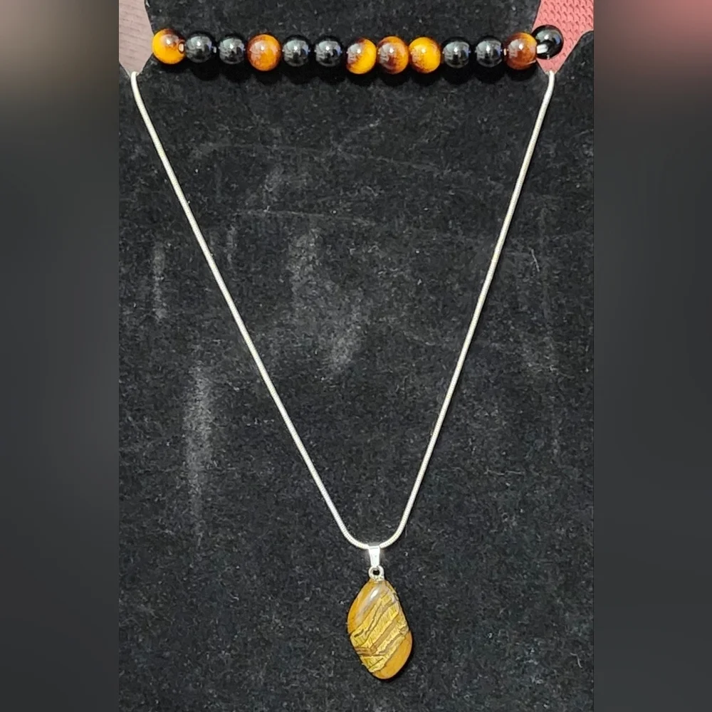 2pc Silvery Plted Tiger Eye Quartz Pendant Necklace and Handmade Bracelet Set